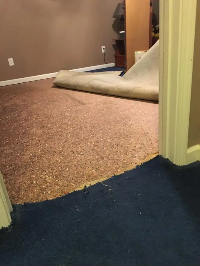 Carpet pad removal revealing water damage during Water Mitigation Services in Southside